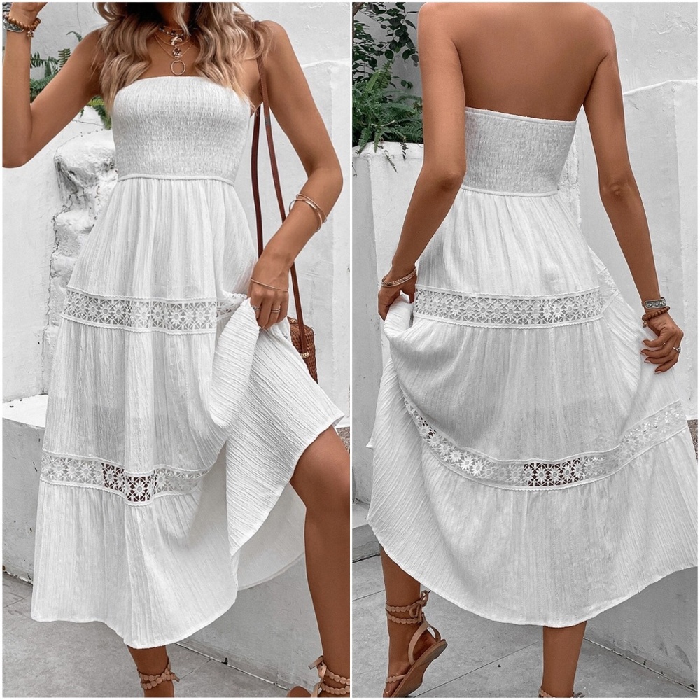 Floral Lace Shirred Bodice Tube Maxi Dress - Picture 7 of 8